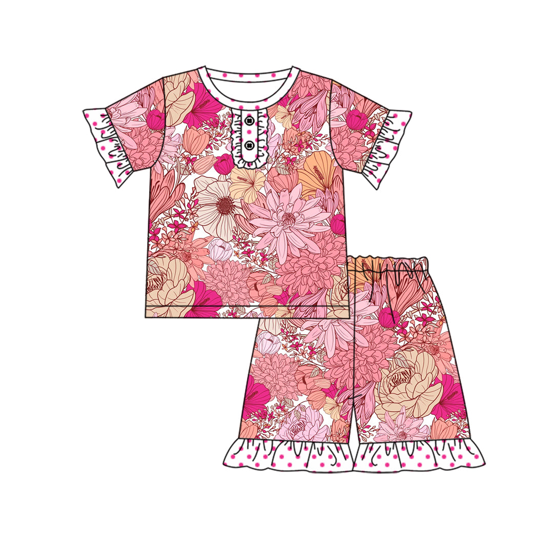 (Custom Design Preorder MOQ 5) Hotpink Flowers Print Girls Summer Pajamas Clothes Set