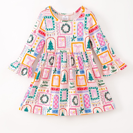 (Custom Design Preorder MOQ 5 ) Bows Holly Print Girls Christmas Knee Length Dress