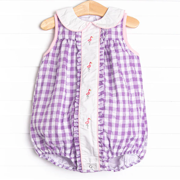 (Custom Design Preorder MOQ 5) Flamingo Purple Plaid Print Baby Girls Summer Bubble Romper