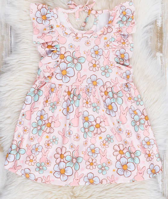 (Custom Design Preorder MOQ 5) Bunny Flowers Print Girls Easter Knee Length Dress