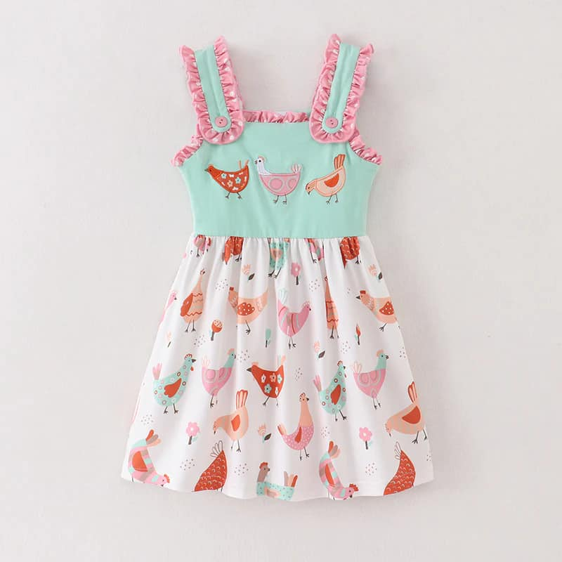 (Custom Design Preorder MOQ 5) Flowers Chicken Print Girls Knee Length Summer Dress