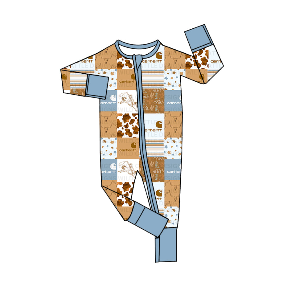 (Custom Design Preorder MOQ 20) Rodeo Western Shopping Print Baby Fall Bamboo Sleeper Zipper Romper