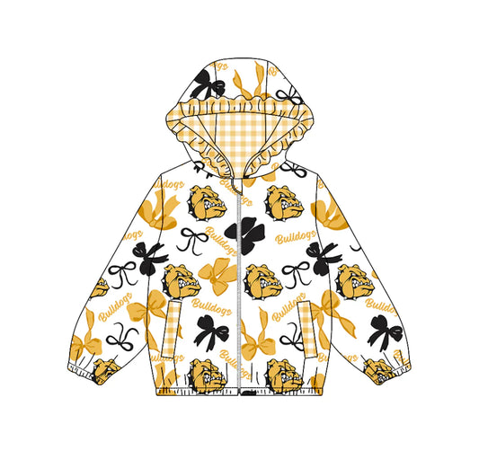 (Custom Design Preorder MOQ 5) Team's BULLDOGS Bows Print Pockets Girls Long Sleeve Zipper Jackets Top
