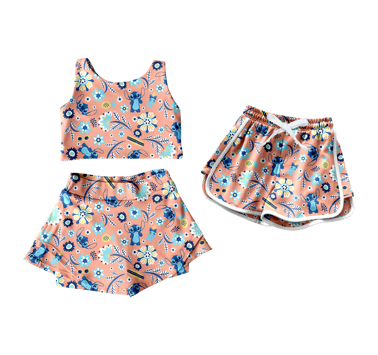 4.19(Custom Design Preorder MOQ 5 Per Item) Cartoon Stitc* Flowers Print Girls Smmer Yoga Ouutfits & Shorts