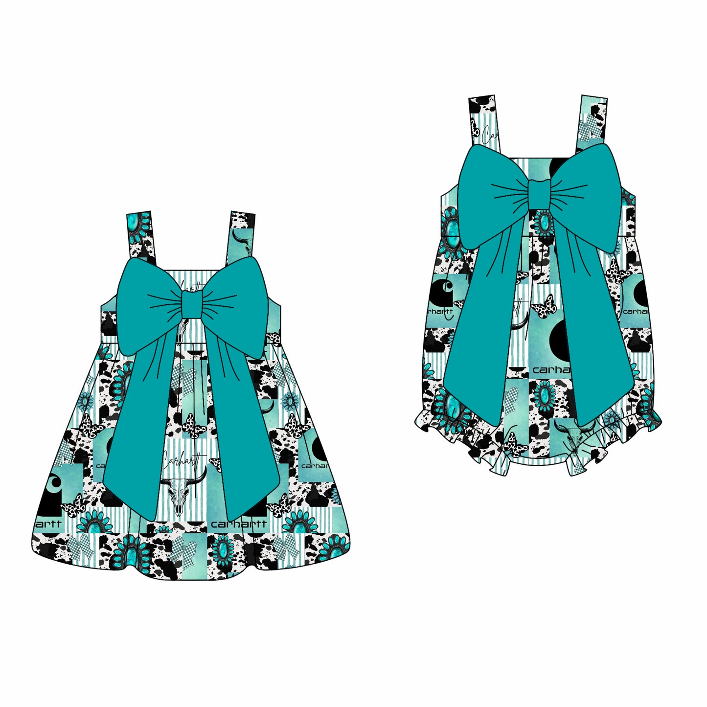 2.22(Custom Design Preorder MOQ 5 Each Design) Turquoise Butterfly Western Print Girls Summer Matching Clothes Sisters Wear