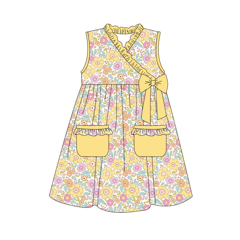 (Custom Design Preorder MOQ 5) Yellow Flowers Print Girls Knee Length Summer Dress
