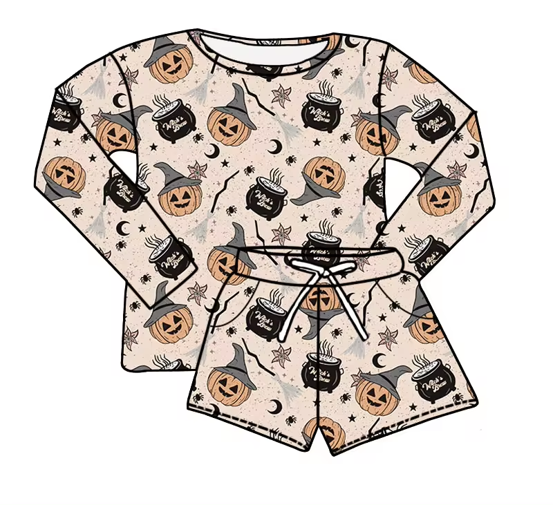 (Custom Design Preorder MOQ 5) Pumpkin Witch Long Sleeve Top Shorts Girls Halloween Clothes Set