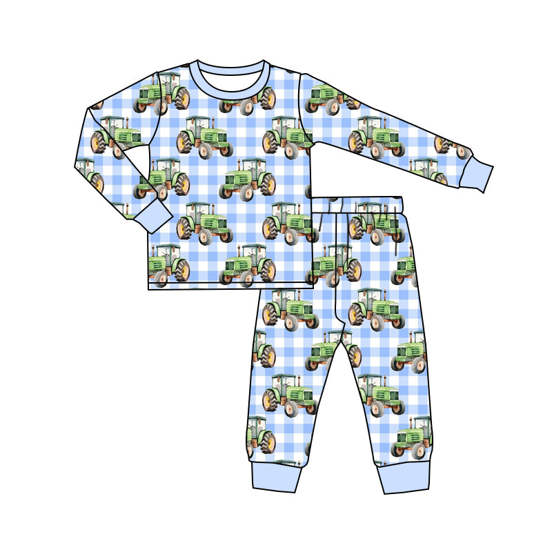 (Custom Design Preorder MOQ 20) Tractors Blue Plaid Print Boys Fall Bamboo Pajamas Clothes Set