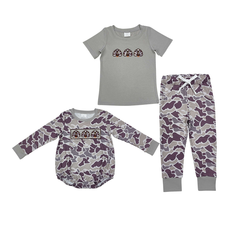 Turkey Embroidery Camo Print Boys Thankgiving Matching Clothes Brothers Wear