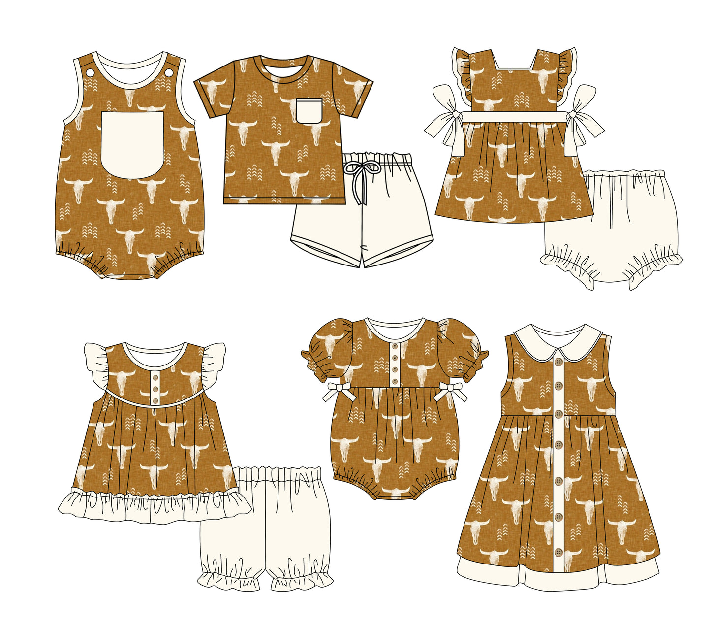 3.3(Custom Design Preorder MOQ 5 Each Design) Cow Skull Brown Print Kids Summer Matching Clothes Sibling Wear
