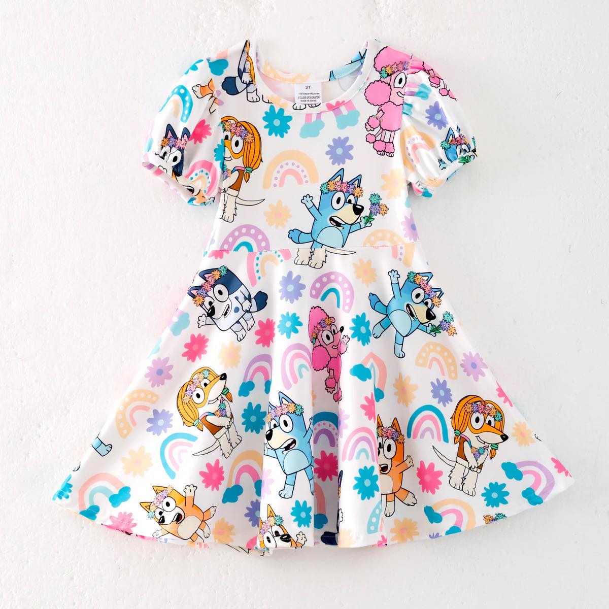 (Custom Design Preorder MOQ 5) Cartoon Dog Flowers Rainbow Print Girls Summer Knee Length Dress