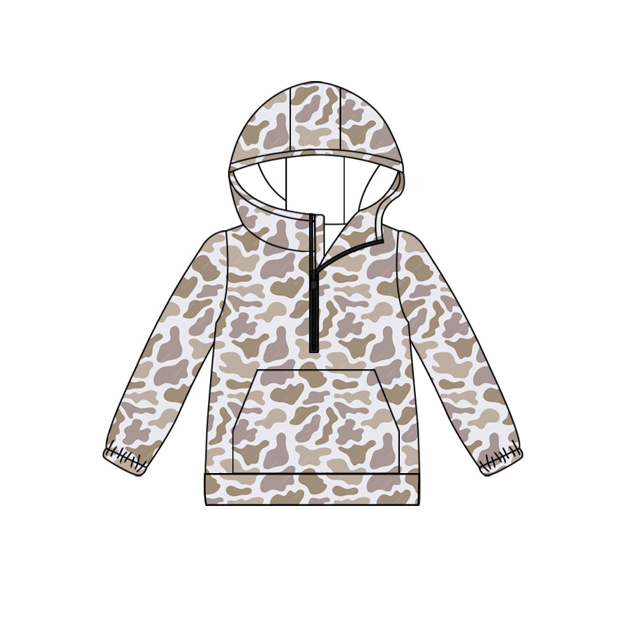 (Custom Design Preorder MOQ 5) Khaki Camo Print Adult Hoodie Zipper Pocket Top