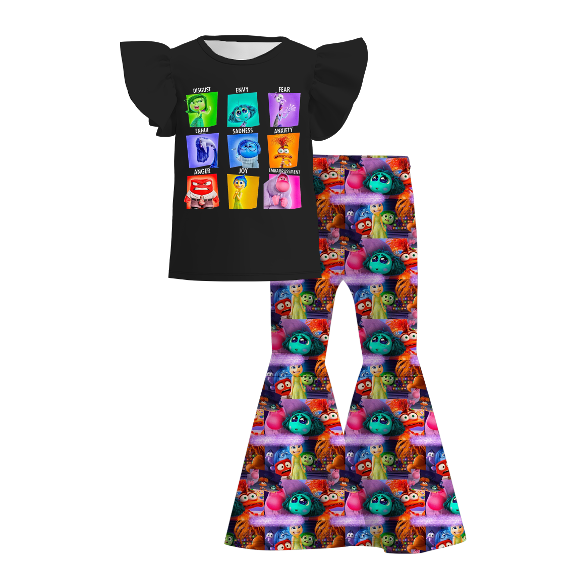 (Custom Design Preorder MOQ 5) Cartoon Figure Inside Out Black Print Bell Pants Girls Clothes Set