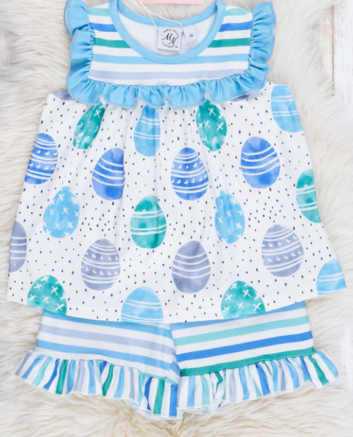 (Custom Design Preorder MOQ 5) Eggs Blue Top Stripes Shorts Girls Easter Clothes Set