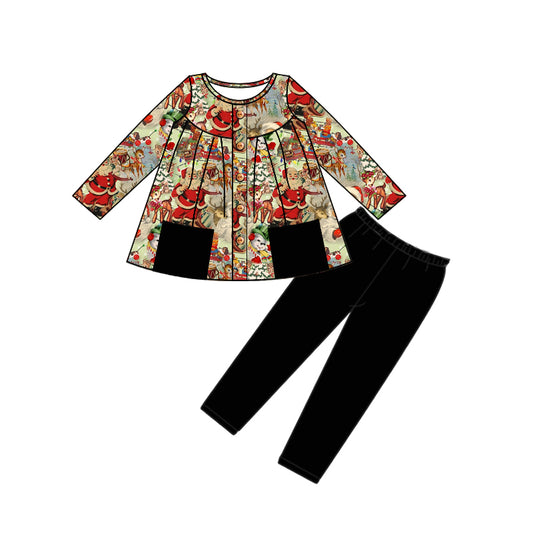 (Custom Design Preorder MOQ 20)  Santa Tunic Top Black Pants Girls Christmas Bamboo Clothes Set