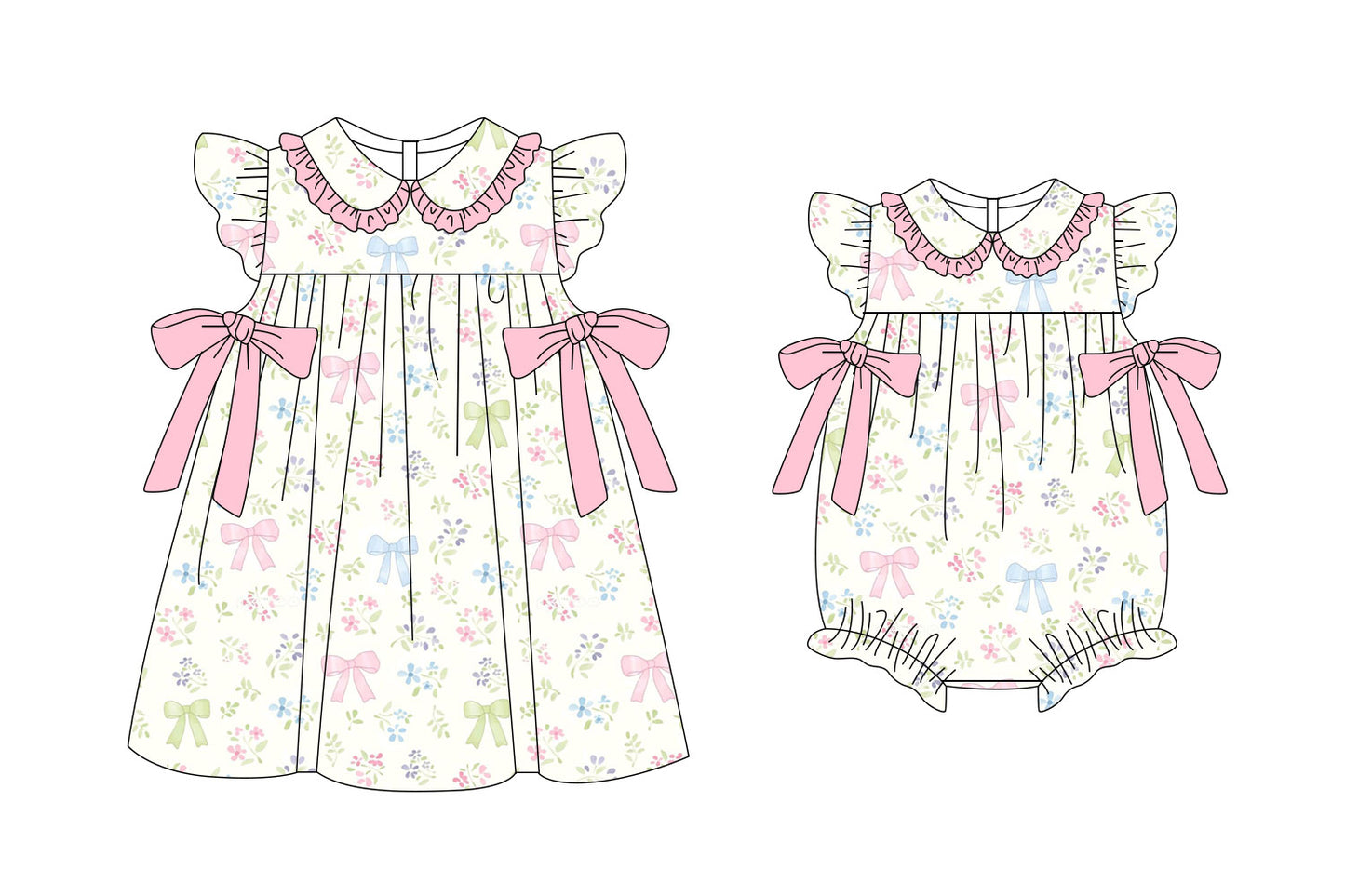 11.6(Custom Design Preorder MOQ 5 Each Design) Small Flowers Colorful Bows Print Girls Summer Matching Clothes Sisters Wear