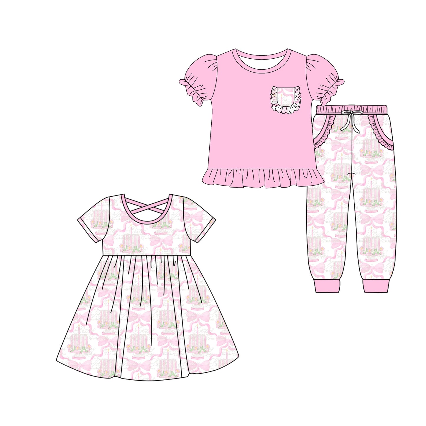 5.24(Custom Design Preorder MOQ 5 Each Design) Cake Bows Print Girls Happy Birthday Matching Clothes Sisters Wear