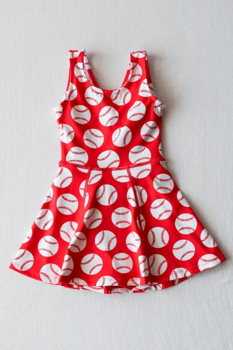 (Custom Design Preorder MOQ 5) Red Baseball Print Girls Summer Knee Length Shorts Dress