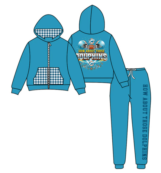 (Custom Design Preorder MOQ 5) Team's DOLPHINS Zipper Hoodie Top Green Pants Kids Fall Clothes Set