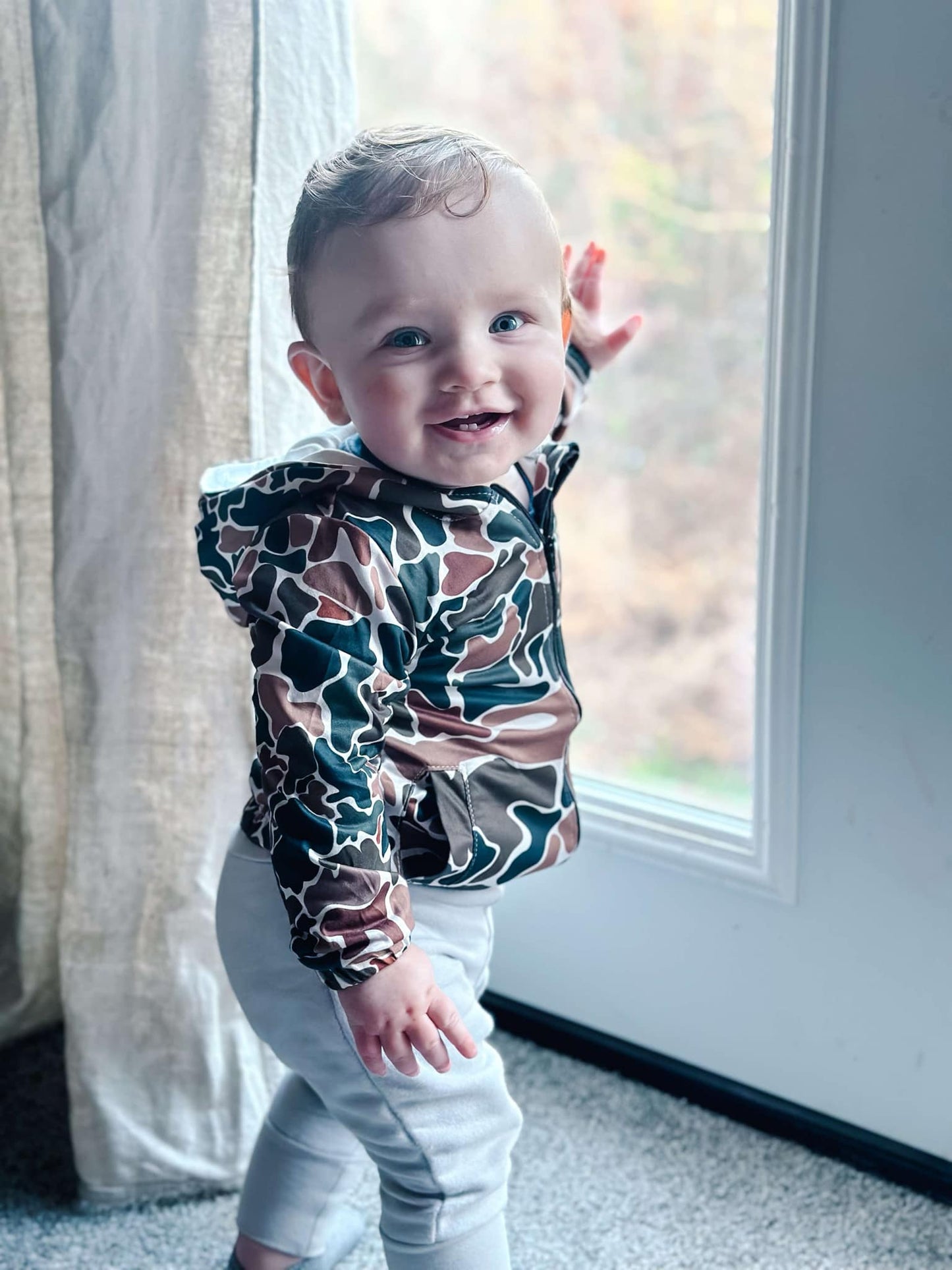 GT0635 Dark Brown Camo Print Pockets Kids Hoodie Zipper Jacker Top