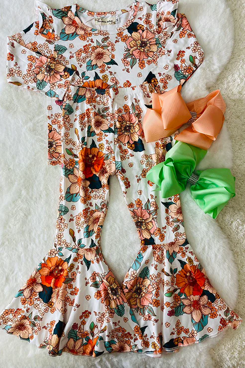 (Custom Design Preorder MOQ 5) Orange Flowers Print Bell Pants Girls Clothes Set