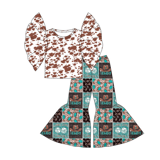 (Custom Design Preorder MOQ 5) Cowgirl HOWDY Print Bell Pants Girls Western Clothes Set