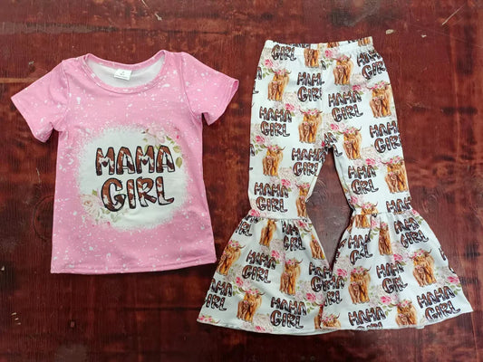 (Custom Design Preorder MOQ 5) MAMA'S GIRL Pink Top Highland Cow Bell Pants Girls Western Clothes Set