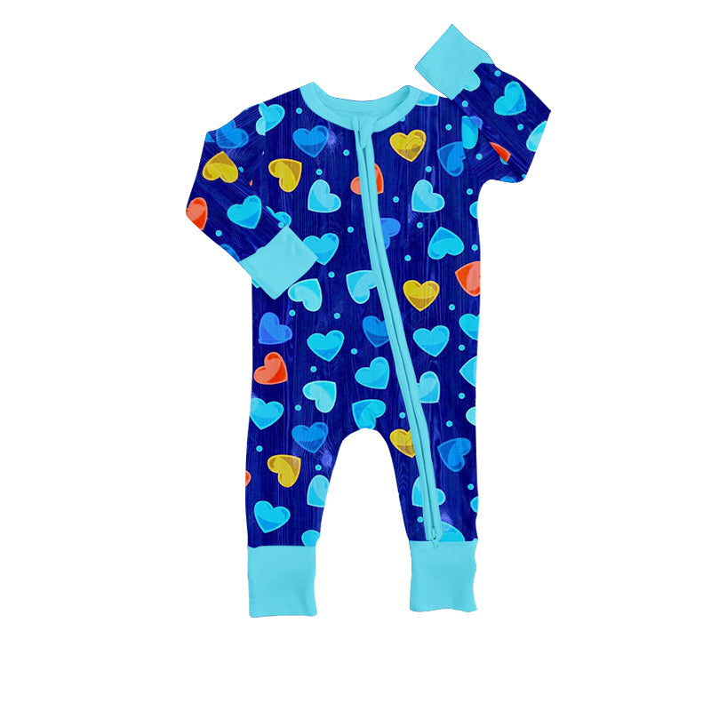 (Custom Design Preorder MOQ 5) Blue Heart Print Baby Boys Valentine's Zipper Romper