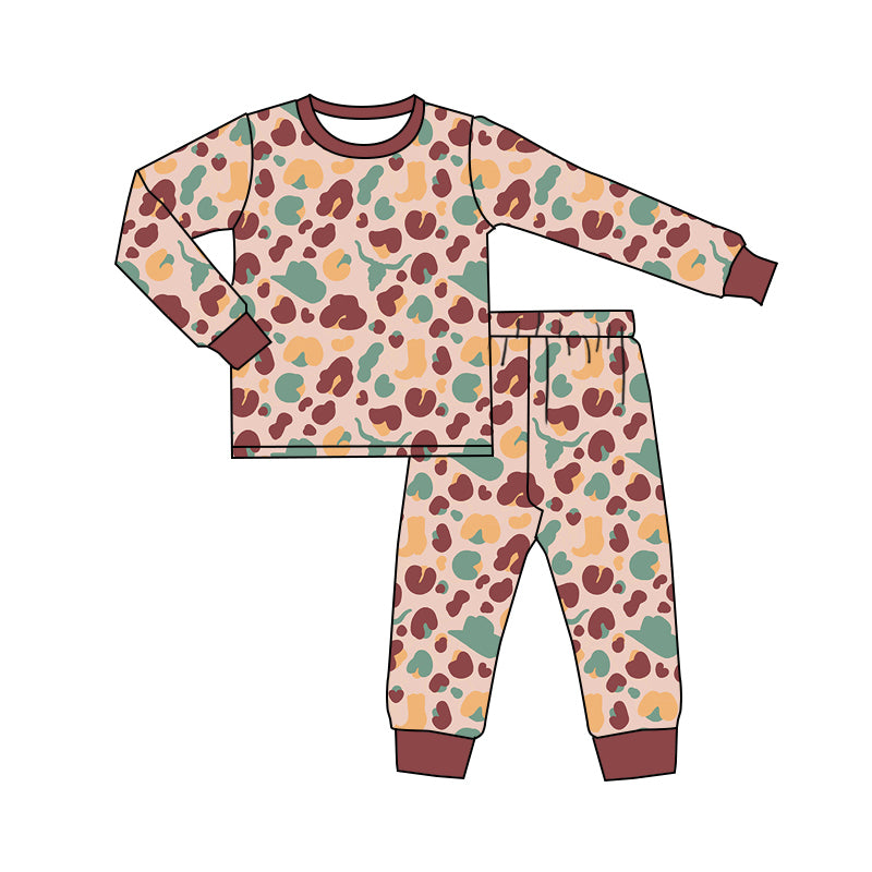 (Custom Design Preorder MOQ 20) Cow Skull Hat Leopard Print Girls Western Bamboo Pajamas Clothes Set
