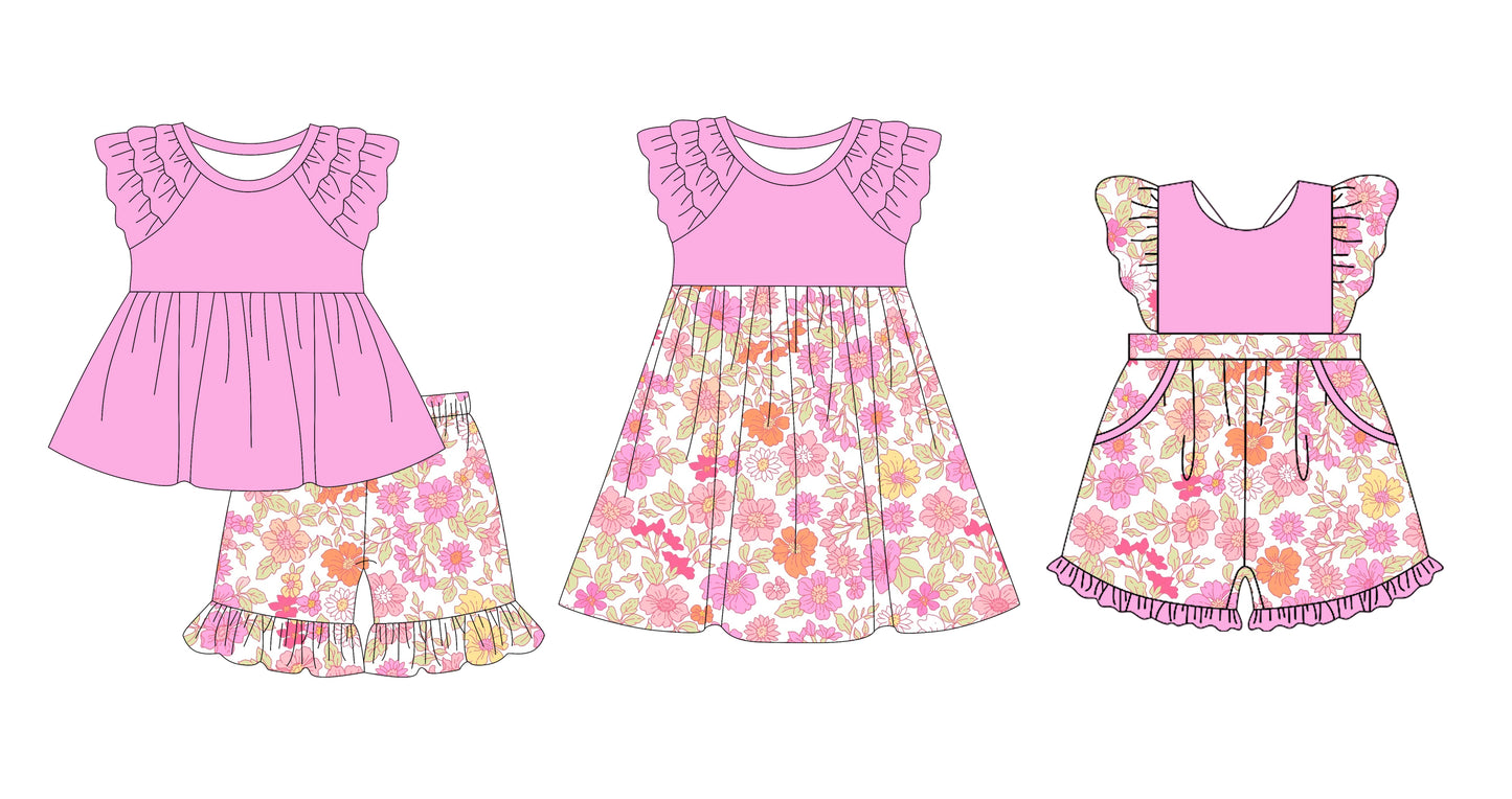 12.10(Custom Design Preorder MOQ 5 Each Design) Flowers Pink Print Girls Summer Matching Clothes Sisters Wear
