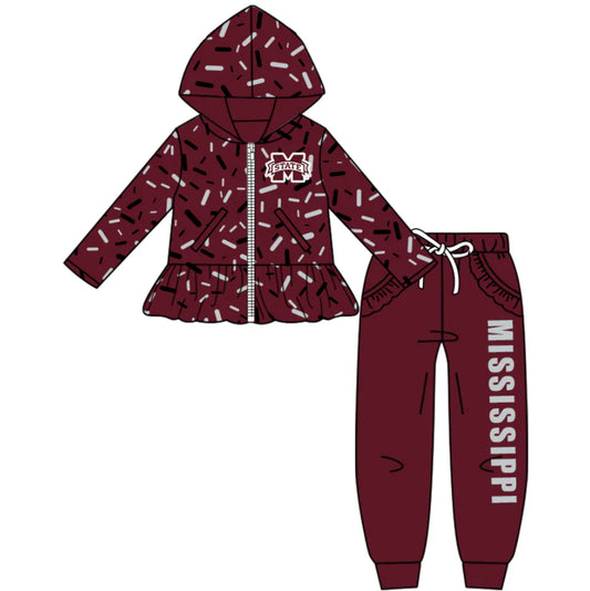 (Custom Design Preorder MOQ 5) Team's Mississippi State Sprinkles Print Hoodie Zipper Top Pockets Pants Girls Fall Clothes Set