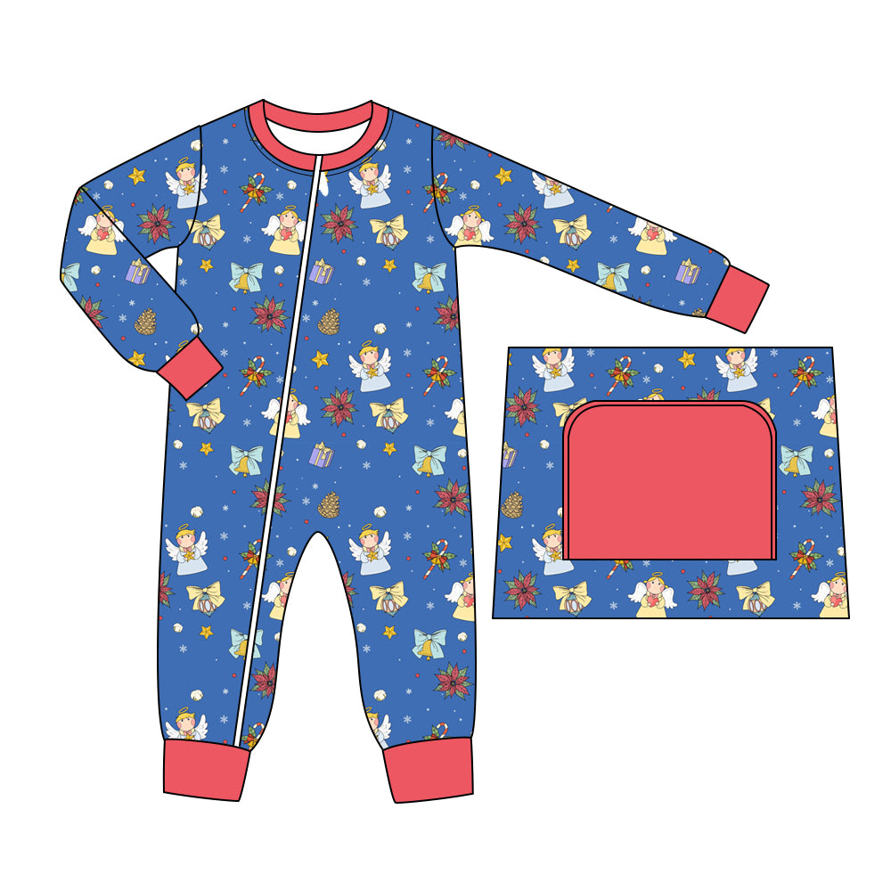 (Custom Design Preorder MOQ 20) Angel Holly Candy Cane Print Baby Boys Bamboo Christmas Sleeper Zipper Romper