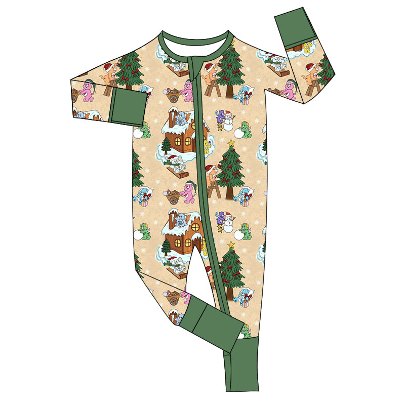 (Custom Design Preorder MOQ 20) Cartoon Bear Print Baby Christmas Bamboo Sleeper Zipper Romper