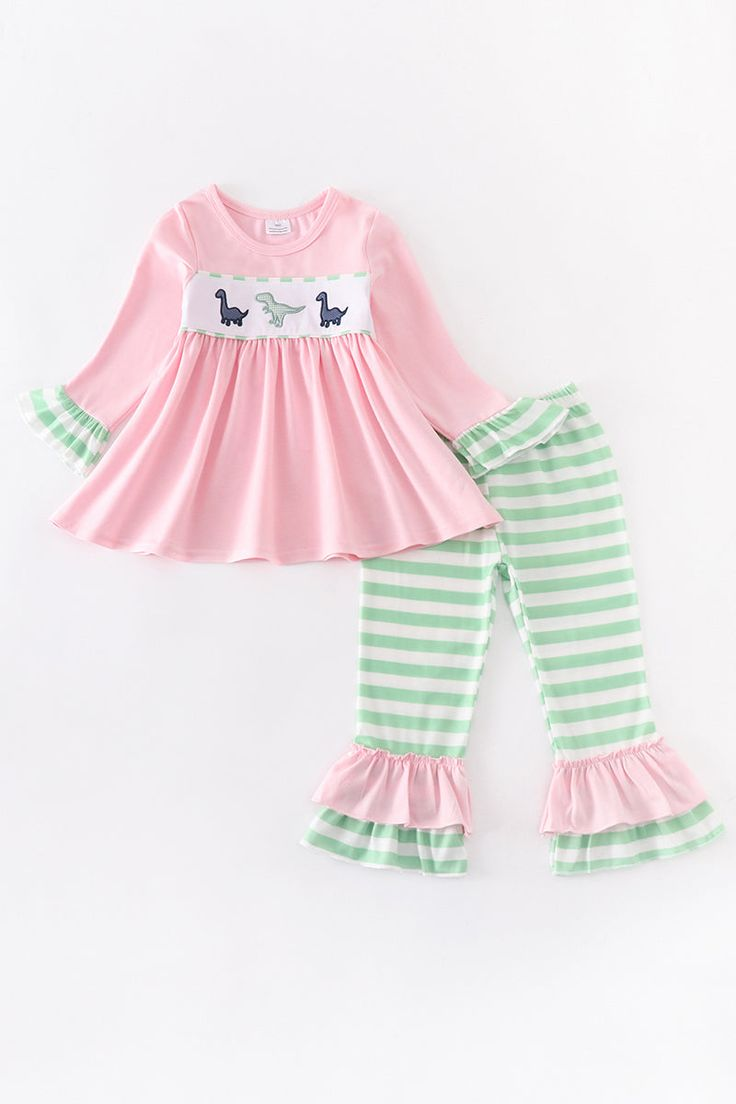 (Custom Design Preorder MOQ 5) Pink Dino Print Girls Clothes Set