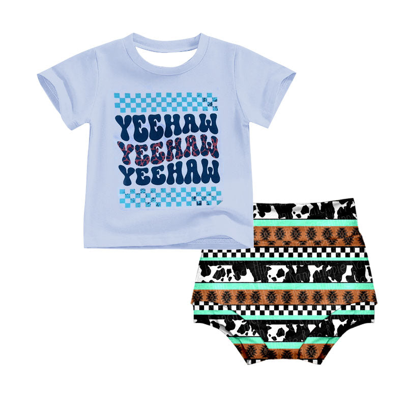 (Custom Design Preorder MOQ 5) Yeehaw Top Aztec Shorts Baby Girls Summer Western Bummie Set