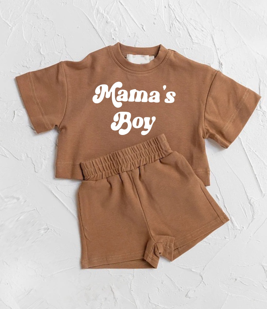 (Custom Design Preorder MOQ 5)Mama's Boy Brown Top Pockets Shorts Boys Summer Clothes Set