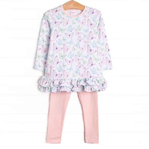 (Custom Design Preorder MOQ 5) Butterfly Tunic Top Pink Pants Girls Clothes Set