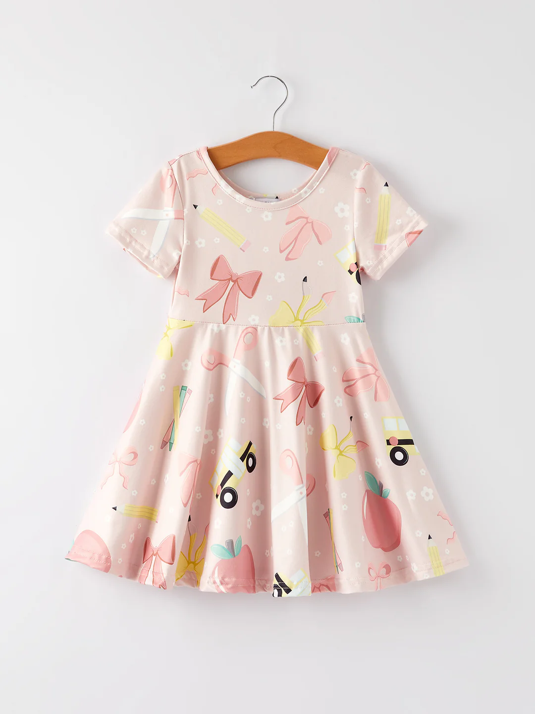 (Custom Design Preorder MOQ 5) Pen Bows Apple Print Girls Back to School Knee Length Dress
