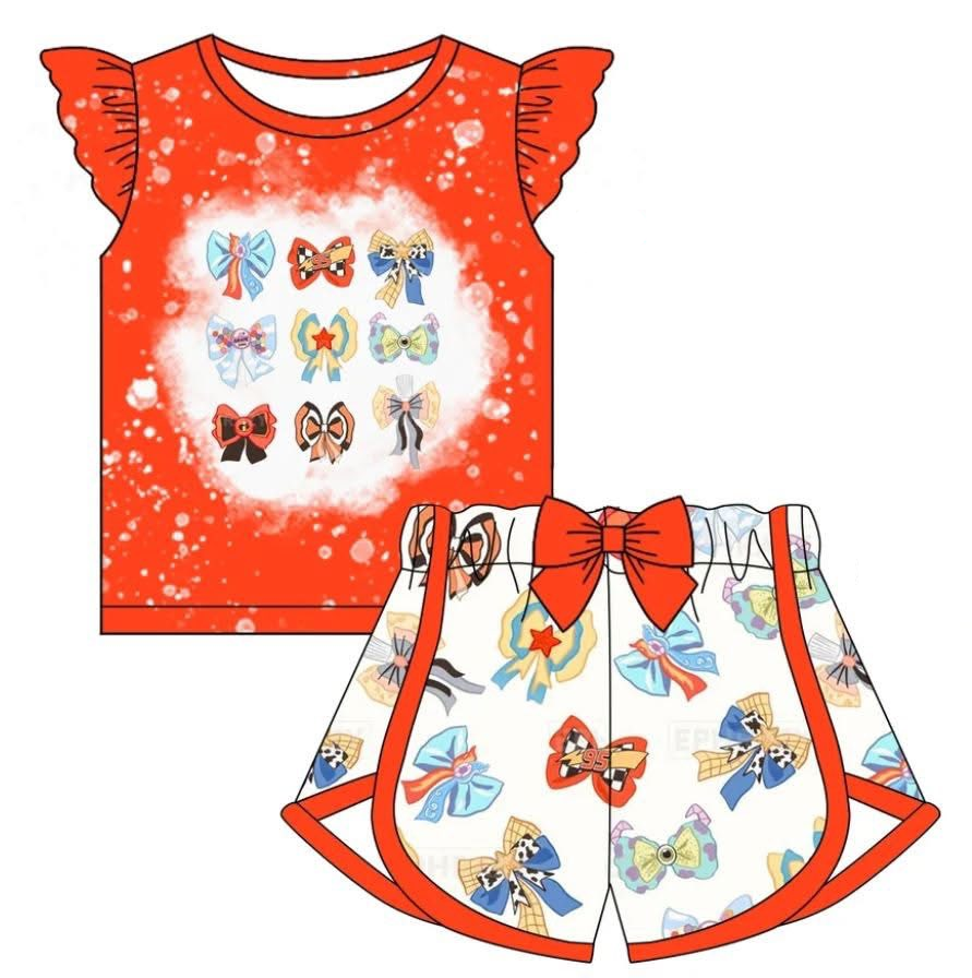 (Custom Design Preorder MOQ 5) Cartoon Princess Bows Print Shorts Girls Summer Clothes Set
