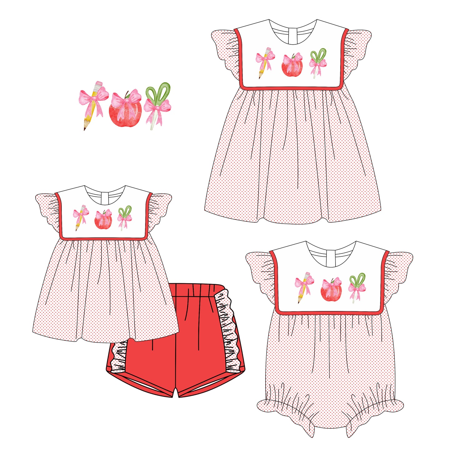 3.6(Custom Design Preorder MOQ 5 Each Design) Pen Apple Bows Print Girls Back to School Matching Clothes Sisters Wear
