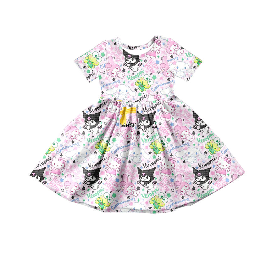 (Custom Design Preorder MOQ 5) Cartoon Animals Print Girls Knee Length Dress