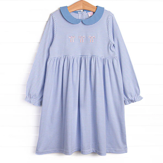 (Custom Design Preorder MOQ 5 ) Bows Blue Stripes Print Girls Fall Knee Length Dress