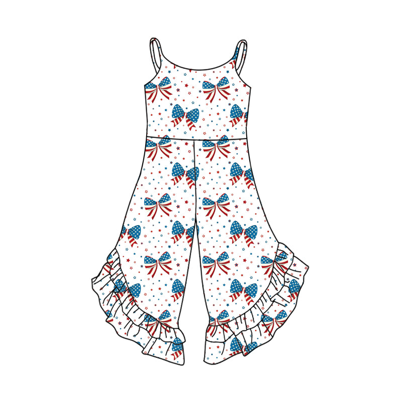 2.24(Custom Design Preorder MOQ 5) Stars Bows Print Girls 4th of July Jumpsuits