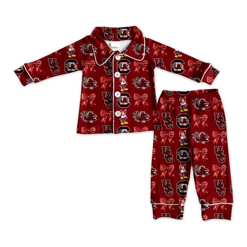 (Custom Design Preorder MOQ 5 Each Item)Team's Gamecock Bows Wine Print Girls Matching Clothes