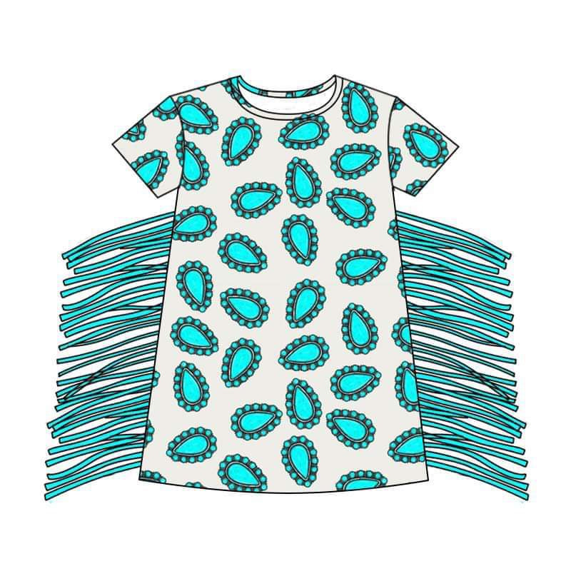 (Custom Design Preorder MOQ 5 ) Turquoise Print Girls Summer Knee Length Tassel Dress