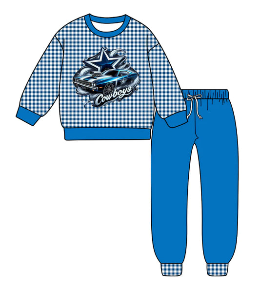 (Custom Design Preorder MOQ 5) Team's Cowboys Plaid Print Blue Pants Kids Fall Clothes Set