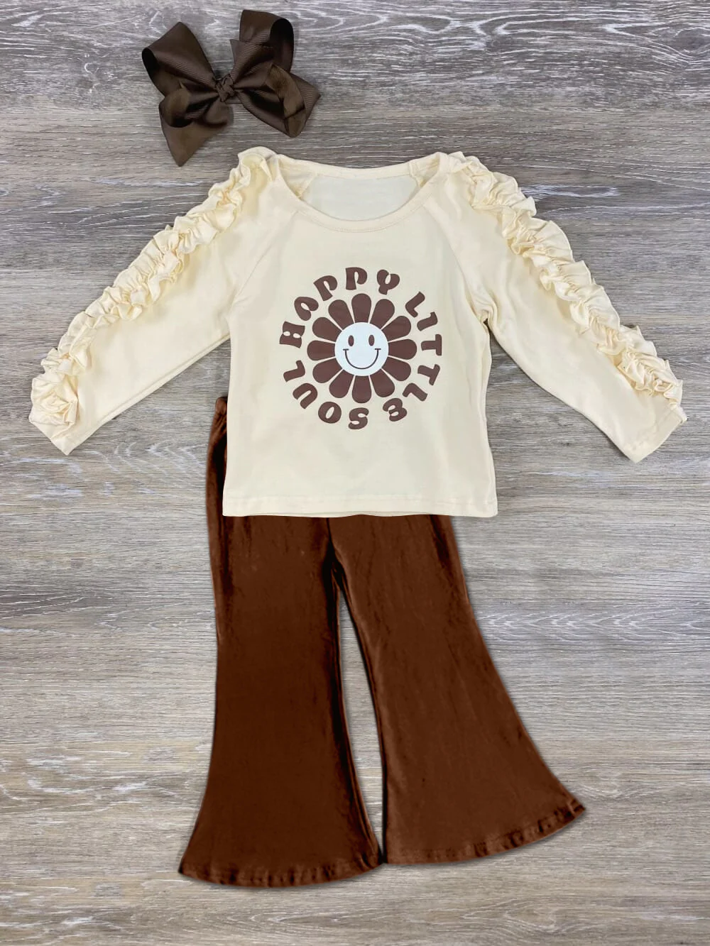 (Custom Design Preorder MOQ 5) Sassy Little Soul Print Ruffle Top Brown Pants Girls Clothes Set