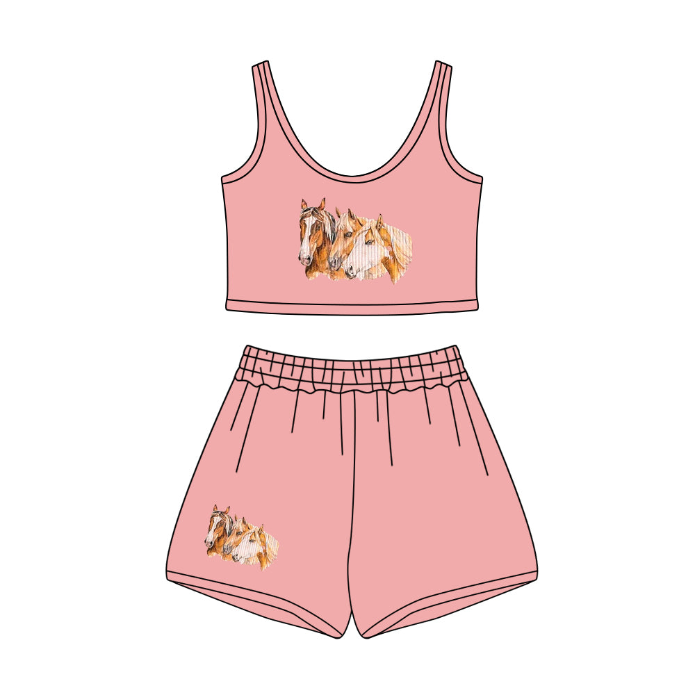 (Custom Design Preorder MOQ 5) Pink Horse Print Girls Summer Clothes
