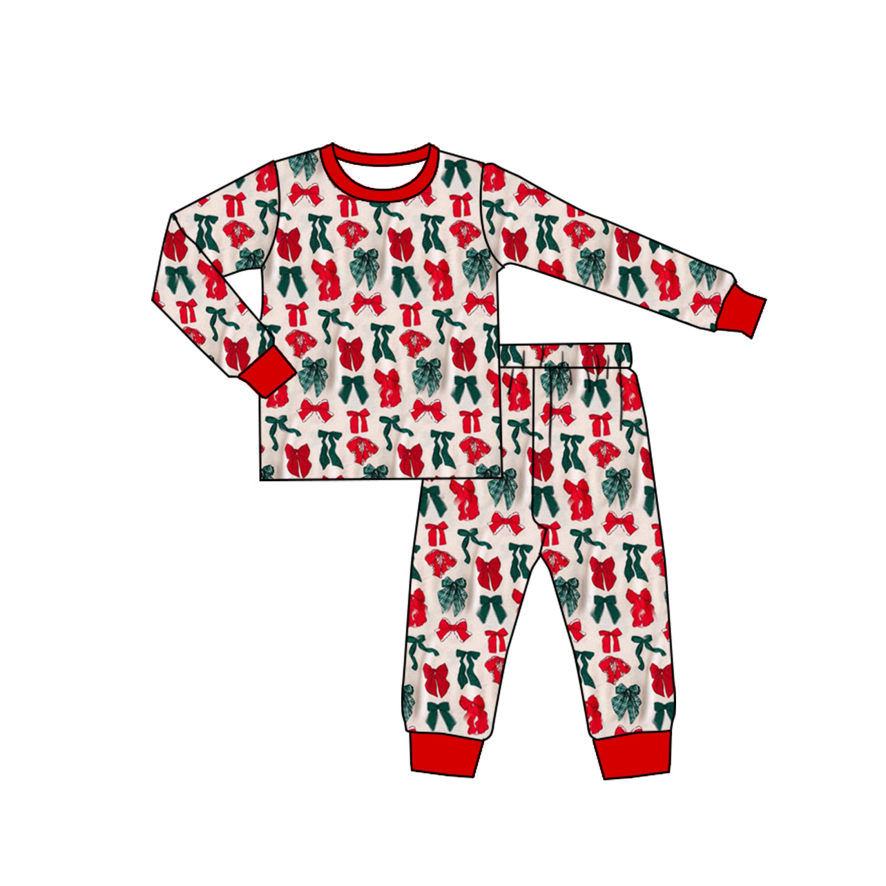 (Custom Design Preorder MOQ 20) Bows Print Girls Christmas Pajamas Bamboo Clothes Set