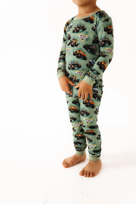 (Custom Design Preorder MOQ 5) Monster Trucks Print Pants Boys Fall Pajamas Clothes Set